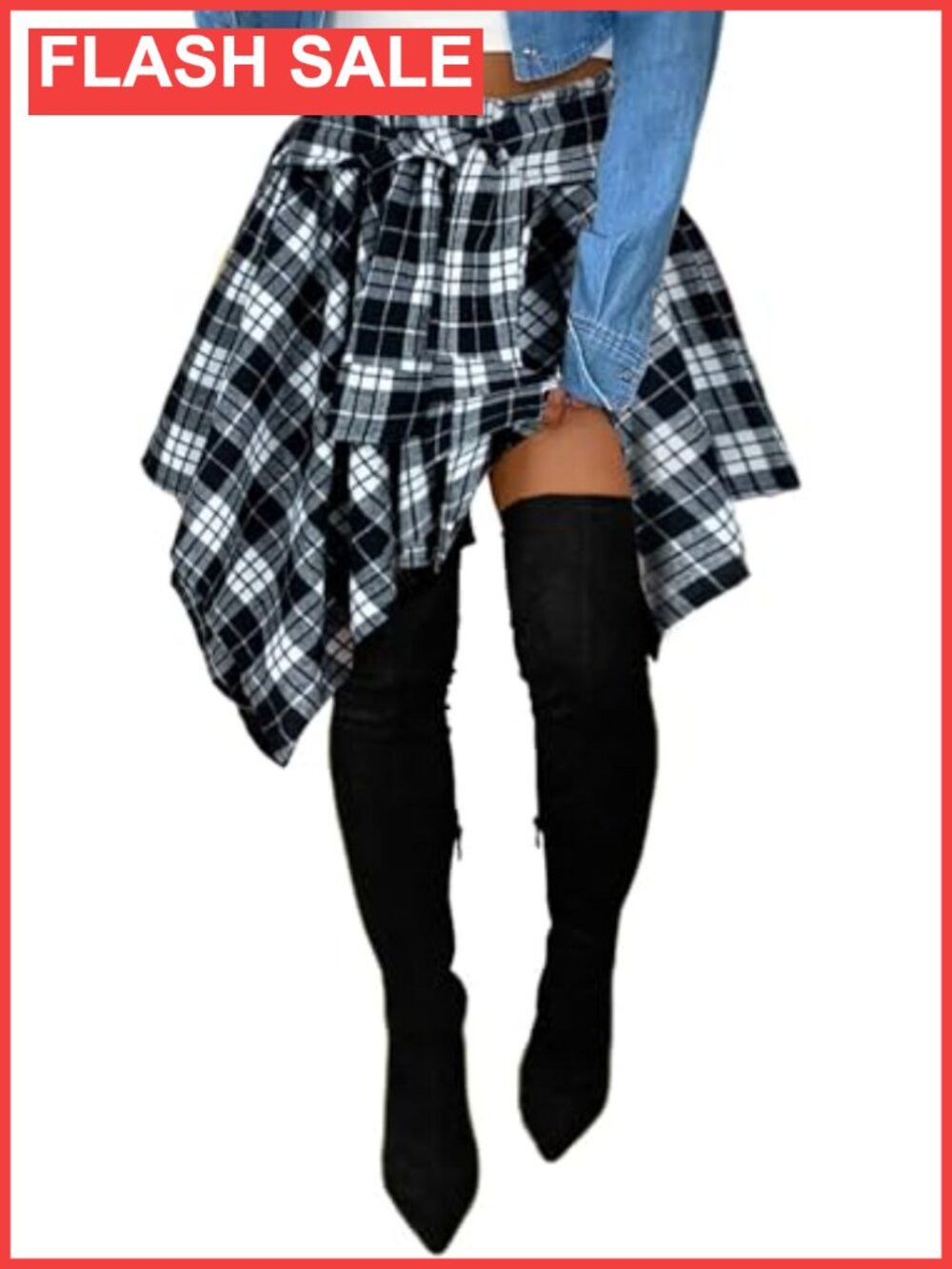 YBSKG Womens Plaid Mini Skirt Elastic High Waist Tie Front Pleated A-Line